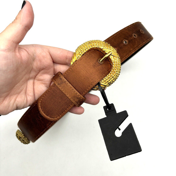 NEW Vintage 80s Cipriani 0179 Brown Satin Gold Filigree Gemstone Waist Belt M 30 main image 7